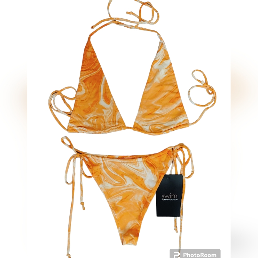 NWT Naked Wardrobe Orange and White Dreamsicle Bikini Size Large